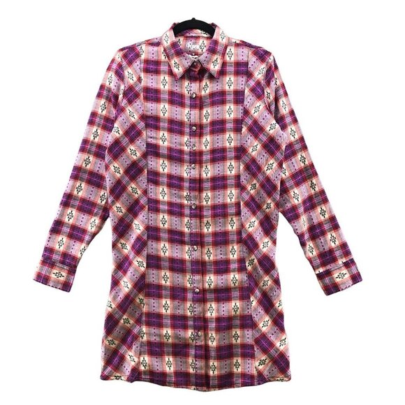Rock 47 Wrangler Western Shirt Womens M Long Sleeve Pink Plaid Tunic Longline - Picture 1 of 12